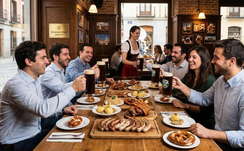Celebraciones y cenas de grupo con auténtica comida alemana. Gran grupo de amigos brindando con jarras de cerveza de un litro en un restaurante alemán en Madrid.