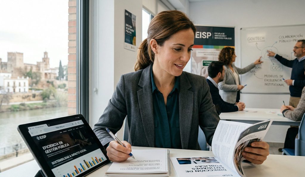 Profesionalización en la gestión y dirección de entidades públicas. Un profesional de la dirección pública analizando gráficos de gestión y sostenibilidad en una tablet.