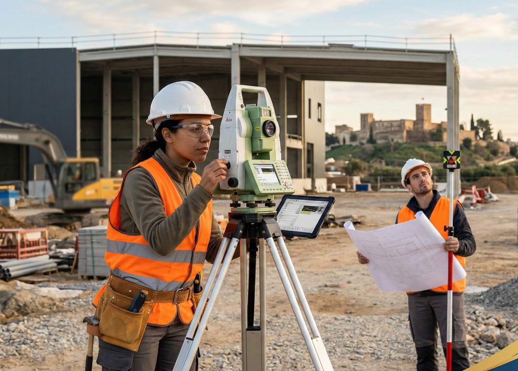 Un topógrafo utilizando una estación total de precisión en una obra industrial en Alcalá de Guadaíra.