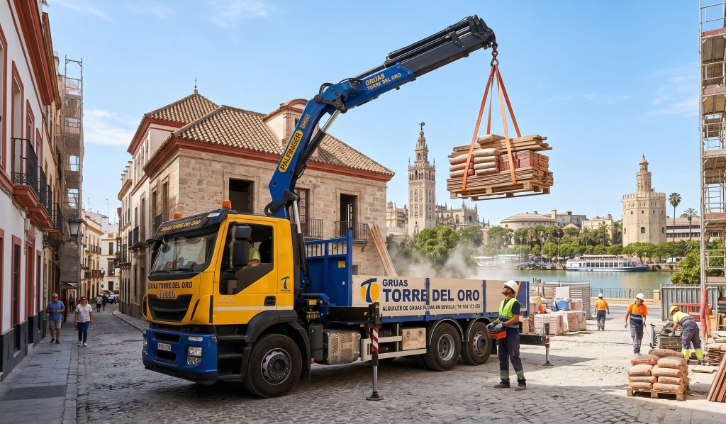 Servicio de alquiler de grúas pluma en Sevilla por Grúas Torre del Oro. Camión grúa pluma elevando materiales pesados en una obra de Sevilla