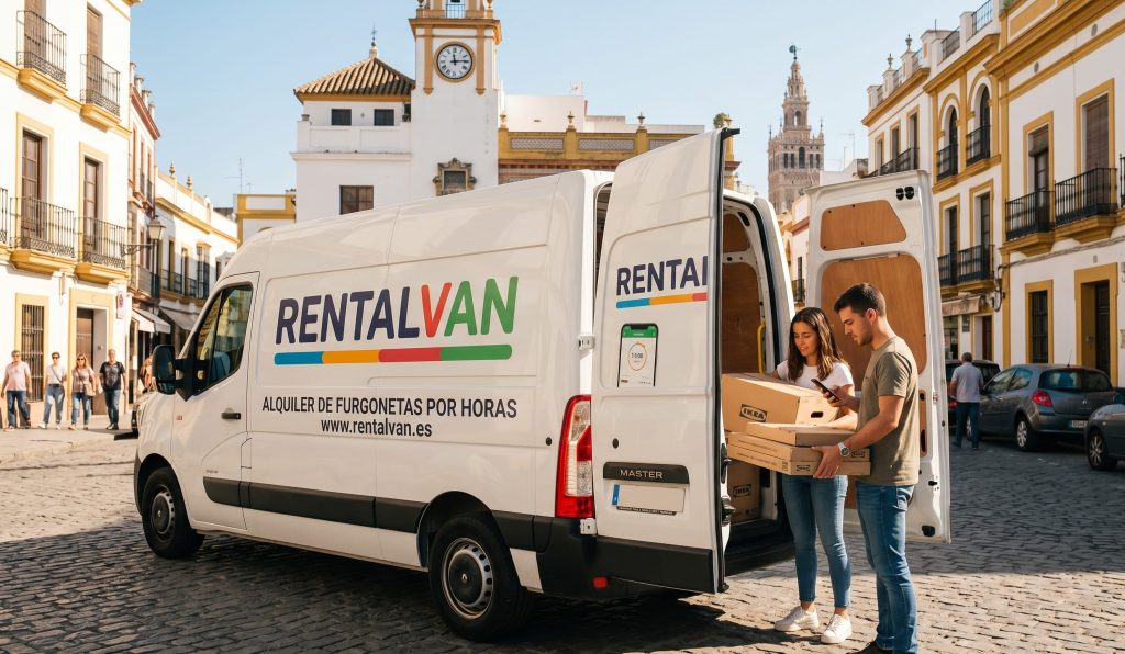 Furgonetas de alquiler por horas en Sevilla sin conductor. Flota de vehículos comerciales para el alquiler de furgonetas por horas estacionada en las instalaciones de Rentalvan en Sevilla.