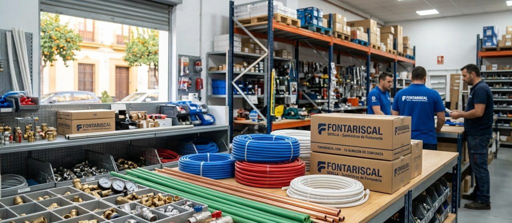 Diferentes tipos de tuberías, válvulas y accesorios para montajes de redes de agua.