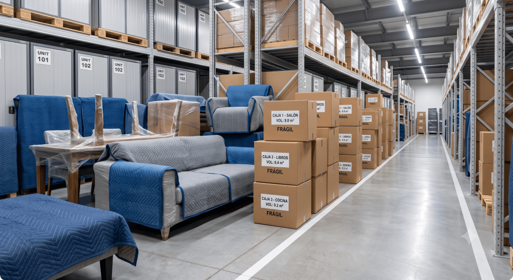 Instalaciones profesionales de guardamuebles en Sevilla Instalaciones de guardamuebles en Sevilla con muebles embalados y cajas identificadas