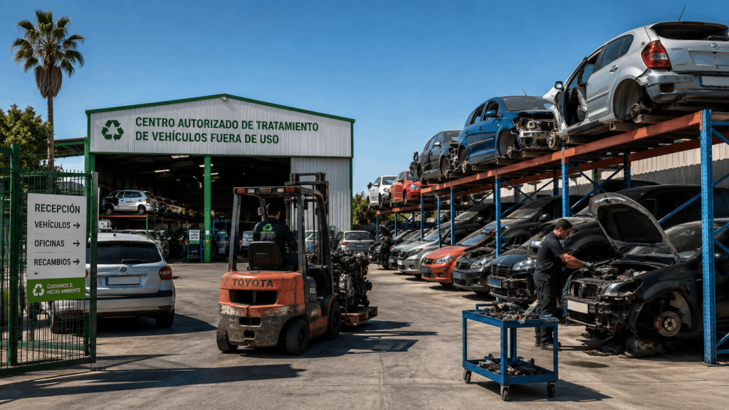 Piezas de desguace en Sevilla clasificadas en estanterías para su reutilización