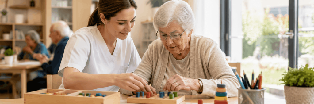Terapia ocupacional para mayores en Sevilla para mantener la autonomía Terapia ocupacional para mayores en Sevilla para mantener la autonomía con persona mayor realizando una actividad funcional acompañada por personal sociosanitario