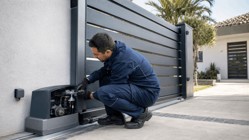 Técnico realizando reparación de puerta automática en Huelva